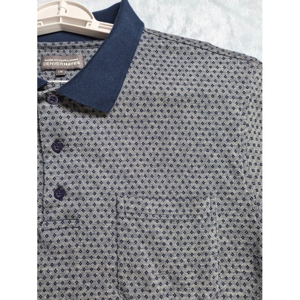 Denver Hayes Men's Patterned Polo Shirt L Grey Navy Classic Fit Golf Dad Casual - Picture 3 of 9